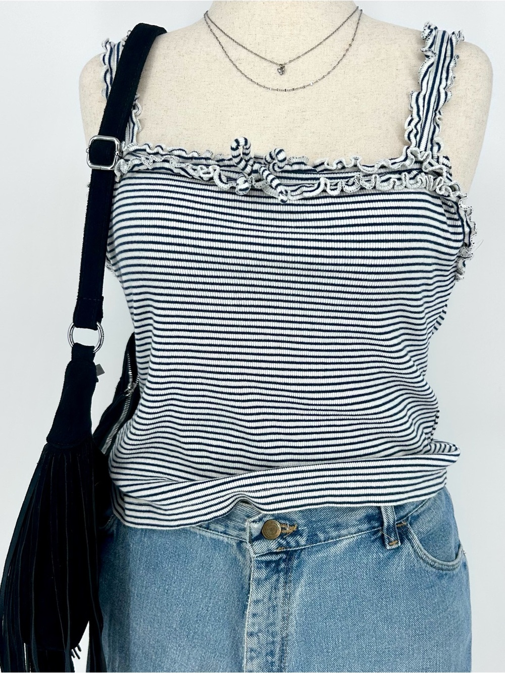 Maeve Anthropologie Striped Ruffle Tank Top Ribbed Bow Cami